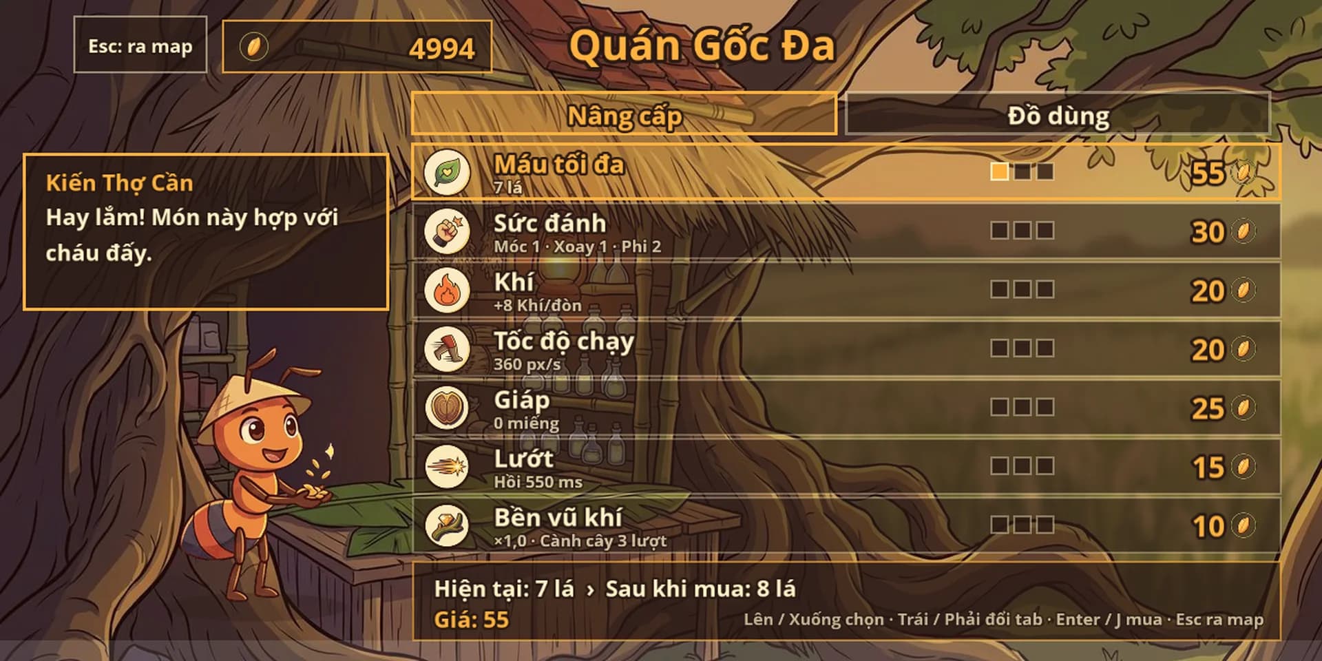 Quán Gốc Đa: chú kiến bán hàng đội nón lá và bảng nâng cấp máu, sức đánh, khí, tốc độ, giáp, lướt