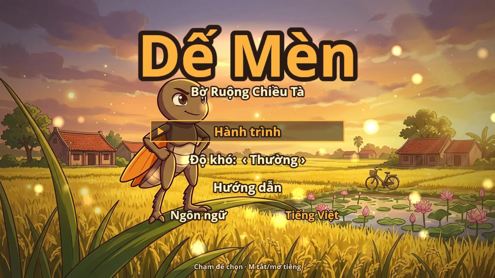 Màn hình tiêu đề Dế Mèn: chú dế trên ngọn lá giữa cánh đồng lúa, menu Hành trình, Độ khó, Hướng dẫn, Ngôn ngữ