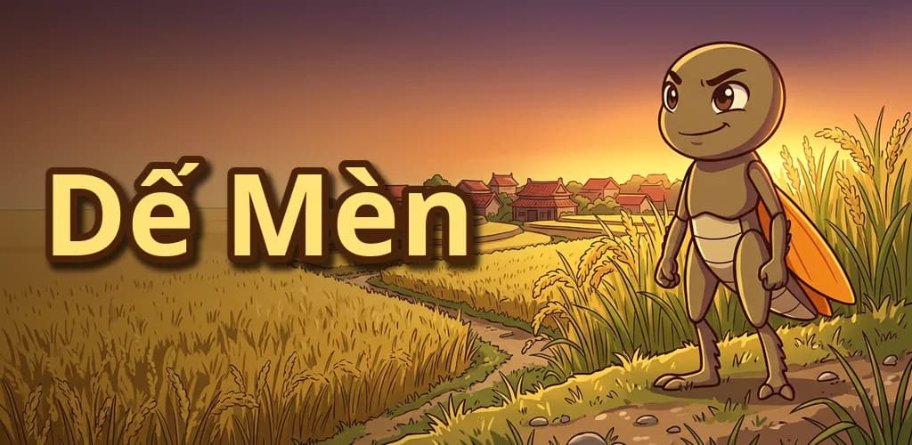 Tranh chủ đạo Dế Mèn: chú dế đứng trên bờ ruộng lúa chín lúc hoàng hôn, xa xa là làng quê