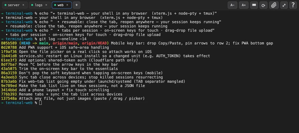 Ảnh chụp AI Code Desk trong trình duyệt: các tab phiên, một shell và git log gần đây