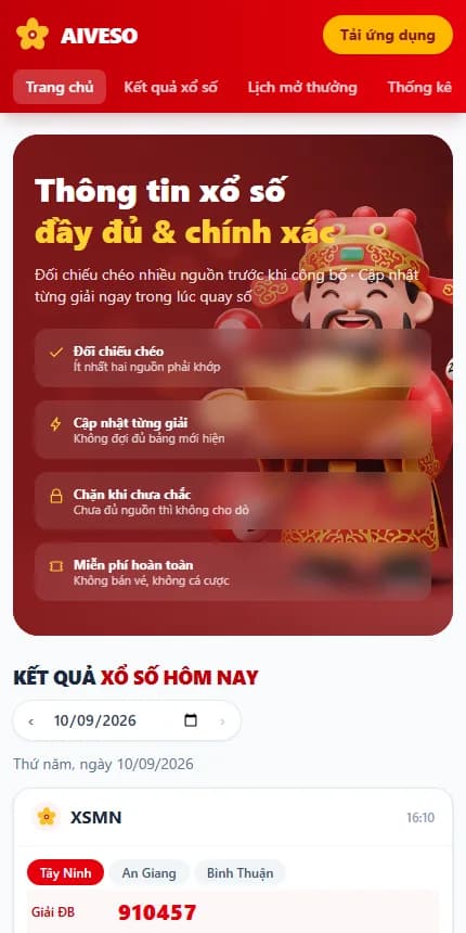 Ảnh chụp aiveso.com trên điện thoại, hiển thị kết quả xổ số hôm nay