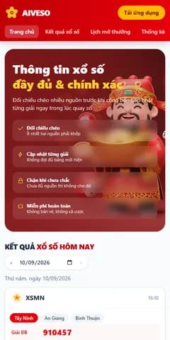 Ảnh chụp aiveso.com trên điện thoại, hiển thị kết quả xổ số hôm nay